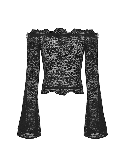 Sexy Black See Through Lace Printed Bateau Neck Off Shoulder Gothic Style Long Sleeved T-Shirt