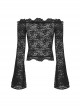 Sexy Black See Through Lace Printed Bateau Neck Off Shoulder Gothic Style Long Sleeved T-Shirt