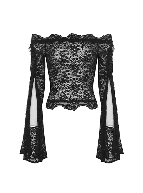 Sexy Black See Through Lace Printed Bateau Neck Off Shoulder Gothic Style Long Sleeved T-Shirt