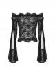 Sexy Black See Through Lace Printed Bateau Neck Off Shoulder Gothic Style Long Sleeved T-Shirt