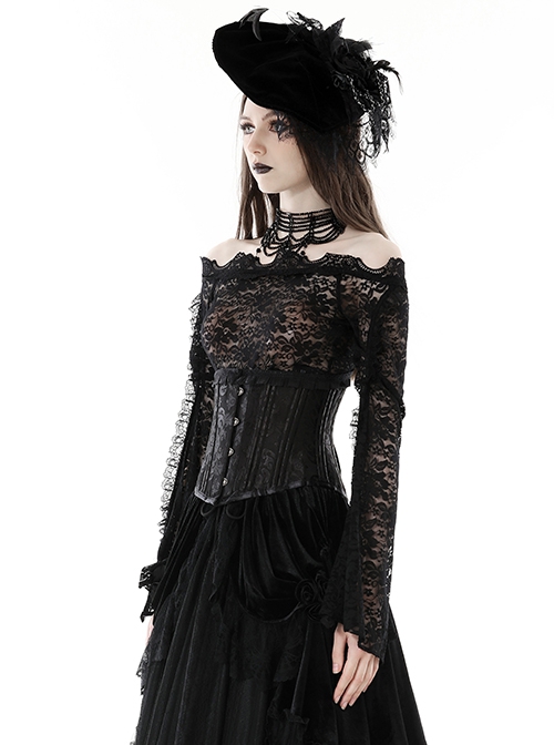 Sexy Black See Through Lace Printed Bateau Neck Off Shoulder Gothic Style Long Sleeved T-Shirt