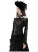 Sexy Black See Through Lace Printed Bateau Neck Off Shoulder Gothic Style Long Sleeved T-Shirt