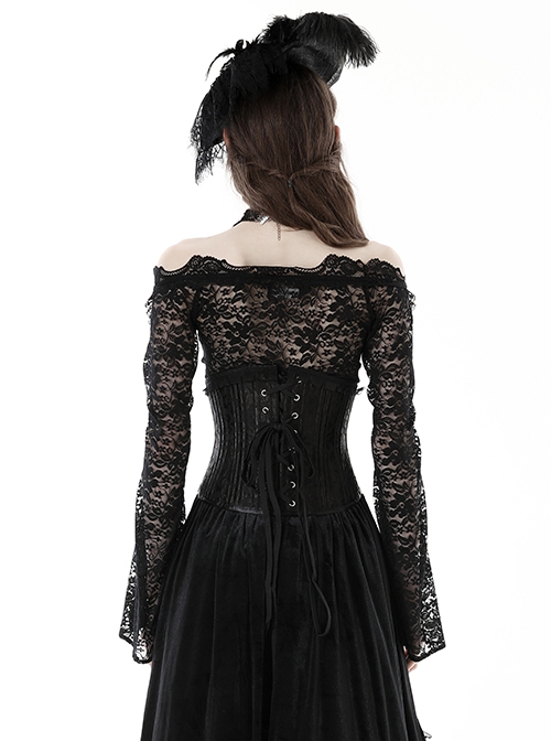 Sexy Black See Through Lace Printed Bateau Neck Off Shoulder Gothic Style Long Sleeved T-Shirt