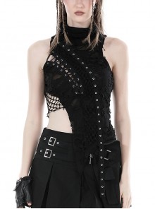 Personalized Irregular Black Lace Up Link Hole Punk Style Sleeveless T-Shirt