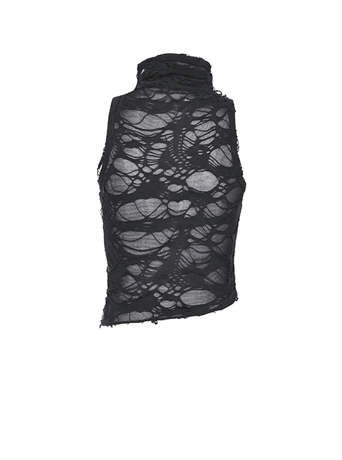 Personalized Irregular Black Lace Up Link Hole Punk Style Sleeveless T-Shirt
