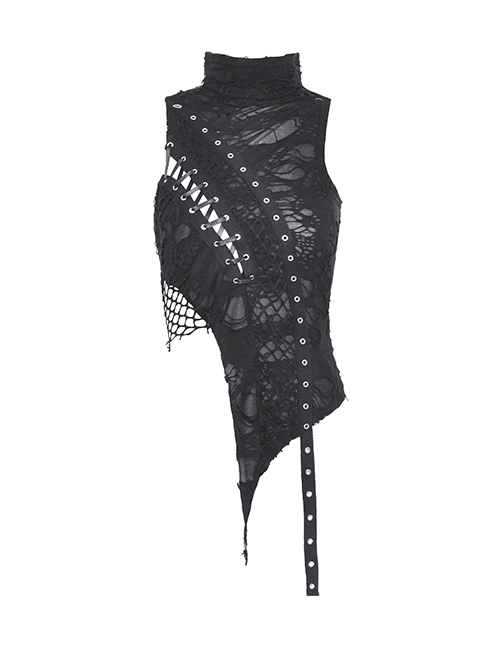 Personalized Irregular Black Lace Up Link Hole Punk Style Sleeveless T-Shirt