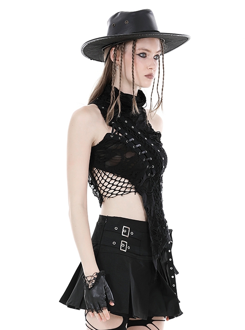 Personalized Irregular Black Lace Up Link Hole Punk Style Sleeveless T-Shirt