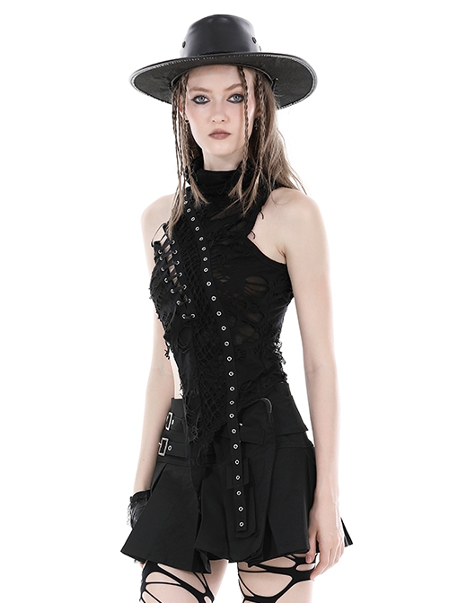 Personalized Irregular Black Lace Up Link Hole Punk Style Sleeveless T-Shirt
