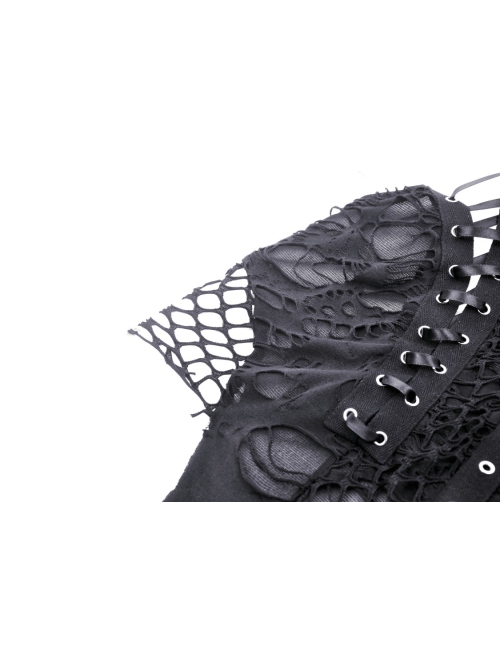 Personalized Irregular Black Lace Up Link Hole Punk Style Sleeveless T-Shirt