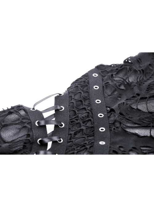Personalized Irregular Black Lace Up Link Hole Punk Style Sleeveless T-Shirt