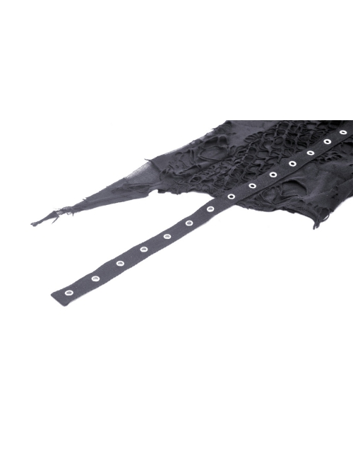Personalized Irregular Black Lace Up Link Hole Punk Style Sleeveless T-Shirt