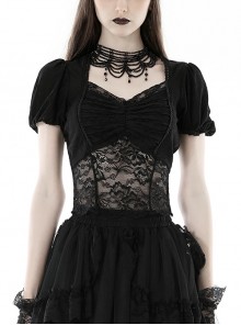 Black Elegant And Sexy See Through Printed Gothic Short Sleeved Top