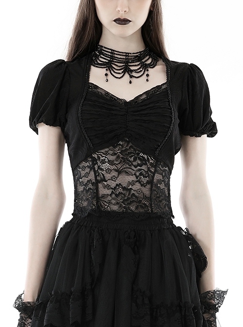 Black Elegant And Sexy See Through Printed Gothic Short Sleeved Top