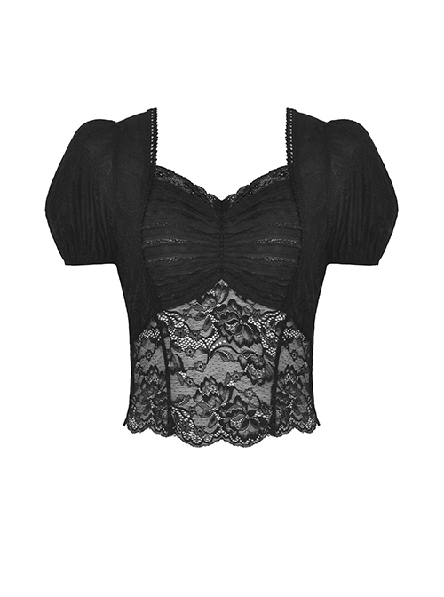 Black Elegant And Sexy See Through Printed Gothic Short Sleeved Top