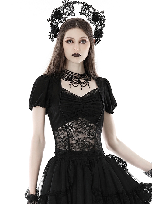 Black Elegant And Sexy See Through Printed Gothic Short Sleeved Top