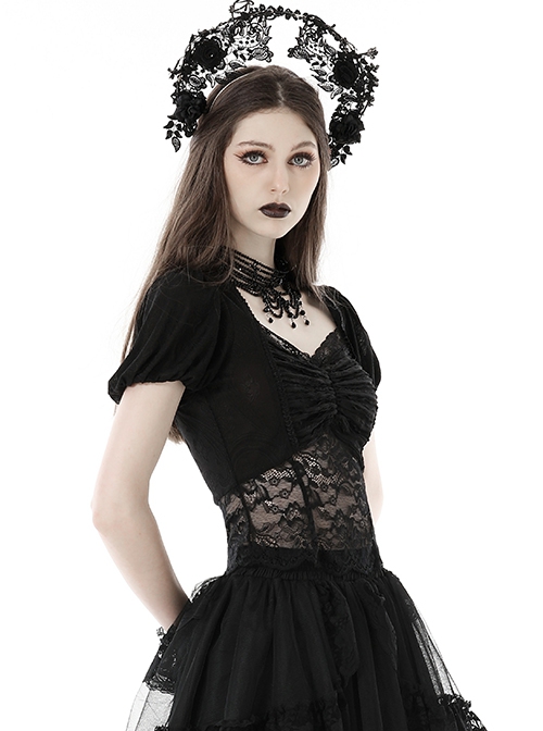 Black Elegant And Sexy See Through Printed Gothic Short Sleeved Top