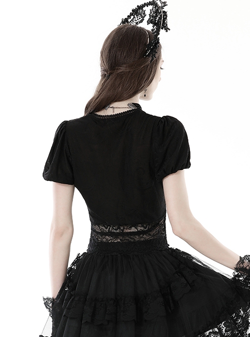 Black Elegant And Sexy See Through Printed Gothic Short Sleeved Top
