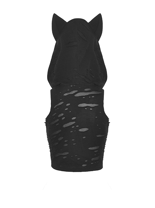 Black Cat Ear Hooded Front Chest Criss Cross Lace Punk Style Sleeveless Top