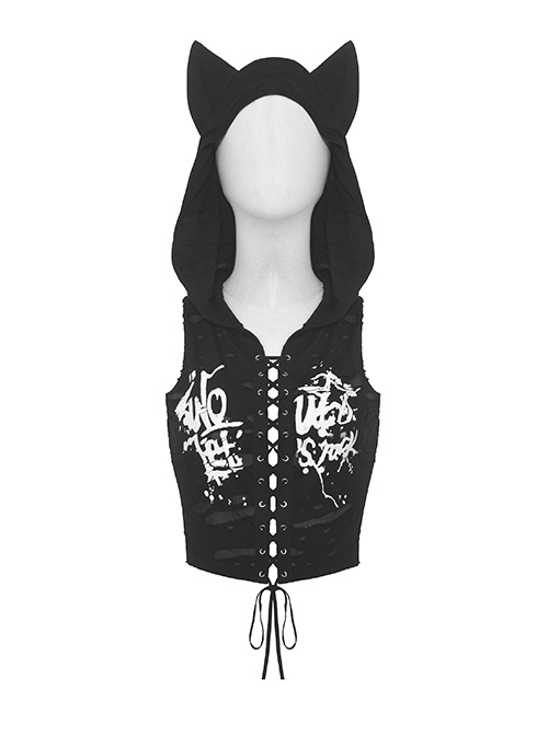Black Cat Ear Hooded Front Chest Criss Cross Lace Punk Style Sleeveless Top