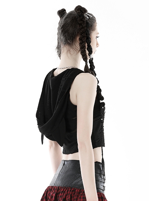 Black Cat Ear Hooded Front Chest Criss Cross Lace Punk Style Sleeveless Top