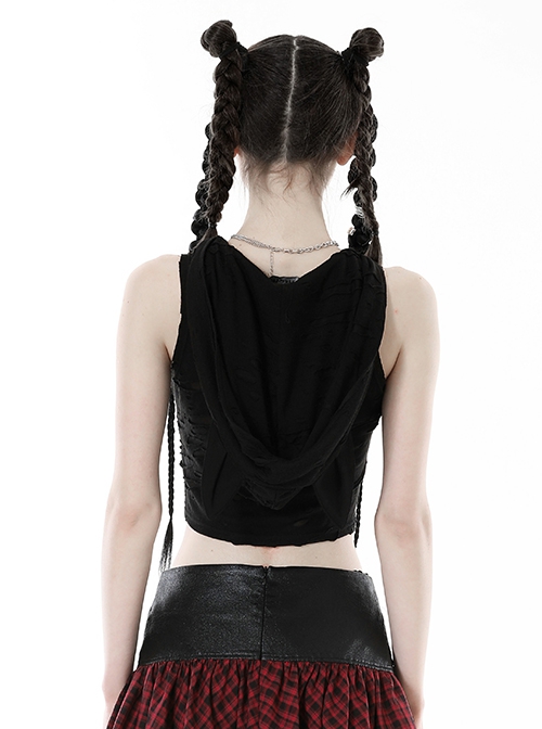 Black Cat Ear Hooded Front Chest Criss Cross Lace Punk Style Sleeveless Top