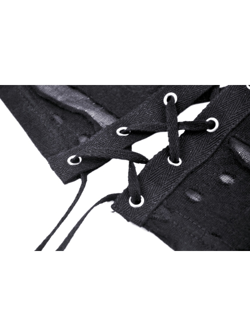 Black Cat Ear Hooded Front Chest Criss Cross Lace Punk Style Sleeveless Top