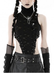 Sexy High Neck Black Pleated Hole Lengthened Front Panel With Side Ties Decorated With Punk Style Sleeveless Top
