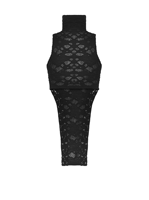 Sexy High Neck Black Pleated Hole Lengthened Front Panel With Side Ties Decorated With Punk Style Sleeveless Top