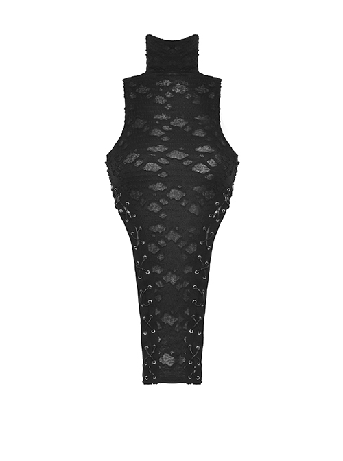 Sexy High Neck Black Pleated Hole Lengthened Front Panel With Side Ties Decorated With Punk Style Sleeveless Top