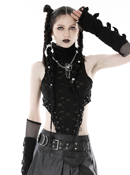 Sexy High Neck Black Pleated Hole Lengthened Front Panel With Side Ties Decorated With Punk Style Sleeveless Top