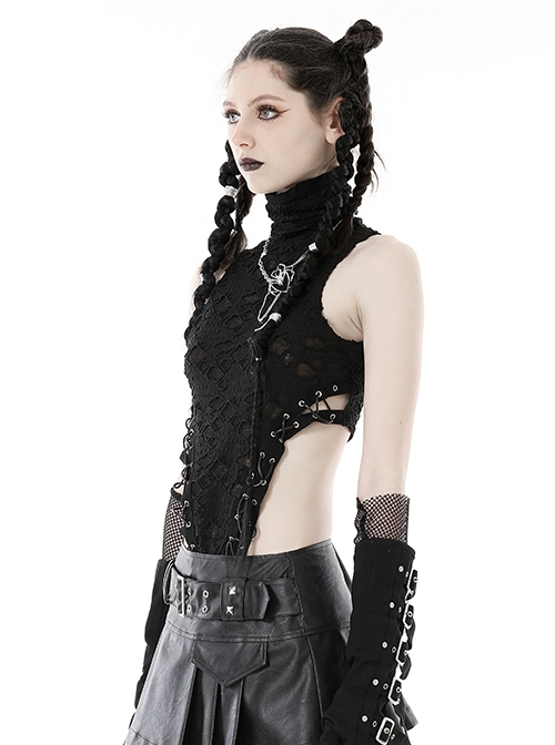 Sexy High Neck Black Pleated Hole Lengthened Front Panel With Side Ties Decorated With Punk Style Sleeveless Top