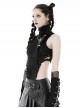 Sexy High Neck Black Pleated Hole Lengthened Front Panel With Side Ties Decorated With Punk Style Sleeveless Top