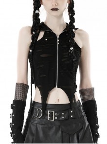Black Sexy Ripped Cat Ear Hooded Hooded Irregular Spiked Hem Punk Style Sleeveless Top