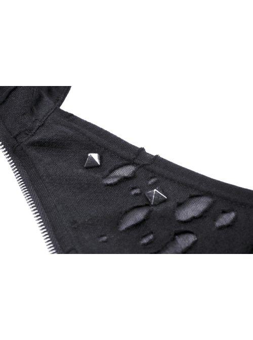 Black Sexy Ripped Cat Ear Hooded Hooded Irregular Spiked Hem Punk Style Sleeveless Top