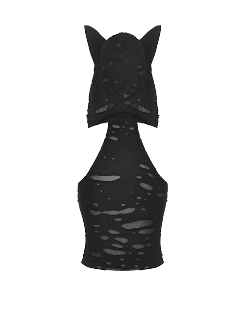 Black Sexy Ripped Cat Ear Hooded Hooded Irregular Spiked Hem Punk Style Sleeveless Top