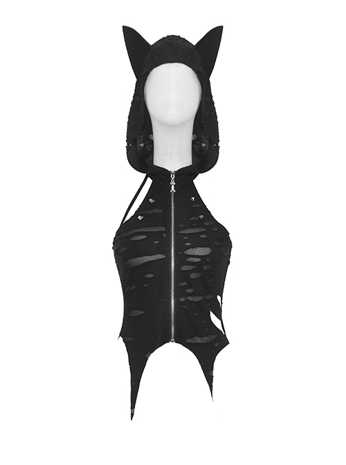 Black Sexy Ripped Cat Ear Hooded Hooded Irregular Spiked Hem Punk Style Sleeveless Top