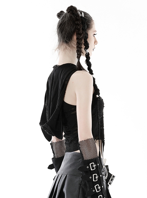 Black Sexy Ripped Cat Ear Hooded Hooded Irregular Spiked Hem Punk Style Sleeveless Top