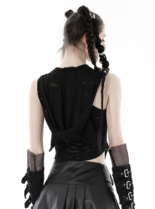 Black Sexy Ripped Cat Ear Hooded Hooded Irregular Spiked Hem Punk Style Sleeveless Top