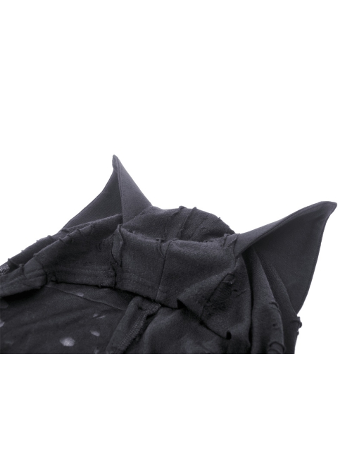 Black Sexy Ripped Cat Ear Hooded Hooded Irregular Spiked Hem Punk Style Sleeveless Top