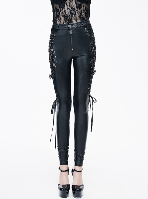Black Side Spliced Rose Mesh Lace-Up Loops Gothic Leather Pants