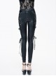 Black Side Spliced Rose Mesh Lace-Up Loops Gothic Leather Pants
