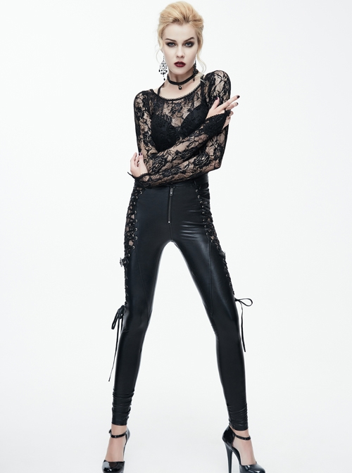 Black Side Spliced Rose Mesh Lace-Up Loops Gothic Leather Pants