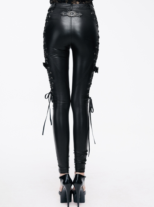 Black Side Spliced Rose Mesh Lace-Up Loops Gothic Leather Pants