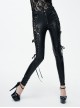 Black Side Spliced Rose Mesh Lace-Up Loops Gothic Leather Pants