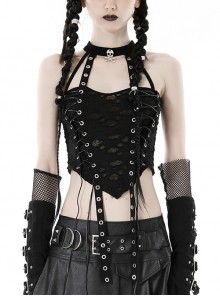 Sexy Ultra Short Ripped Woven Metal Eyelets On Both Sides With Rope Webbing And Metal Skull Decoration Punk Style Halter Top