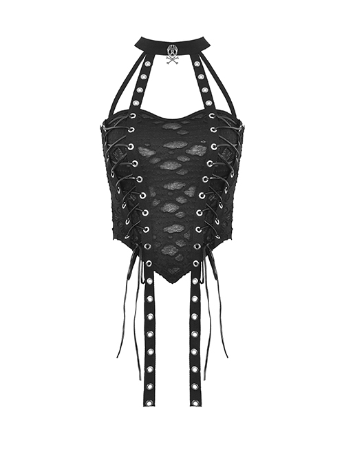 Sexy Ultra Short Ripped Woven Metal Eyelets On Both Sides With Rope Webbing And Metal Skull Decoration Punk Style Halter Top
