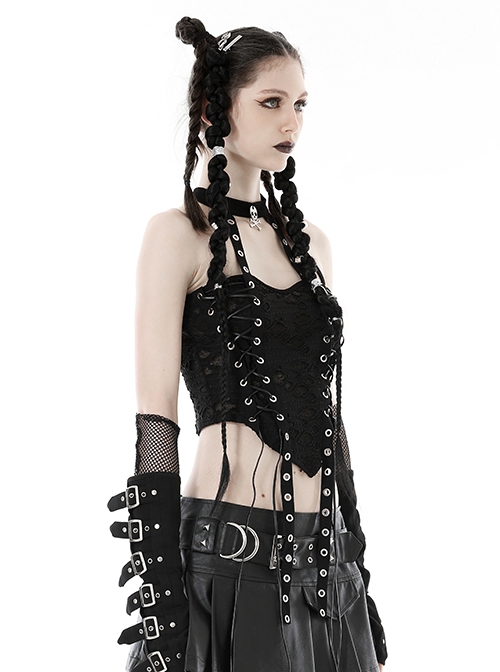 Sexy Ultra Short Ripped Woven Metal Eyelets On Both Sides With Rope Webbing And Metal Skull Decoration Punk Style Halter Top