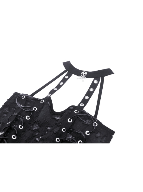 Sexy Ultra Short Ripped Woven Metal Eyelets On Both Sides With Rope Webbing And Metal Skull Decoration Punk Style Halter Top