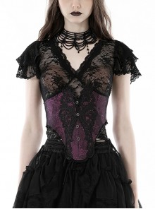 Black Sexy Lace Printed V Neck Gothic Style Slightly See Through Short Sleeved Top