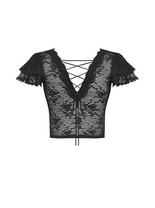Black Sexy Lace Printed V Neck Gothic Style Slightly See Through Short Sleeved Top